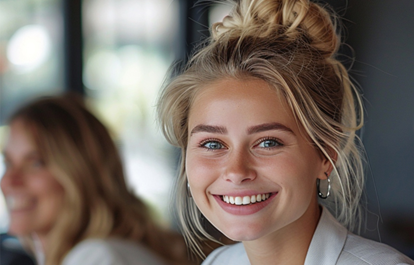 Een vrouw die om iets glimlacht