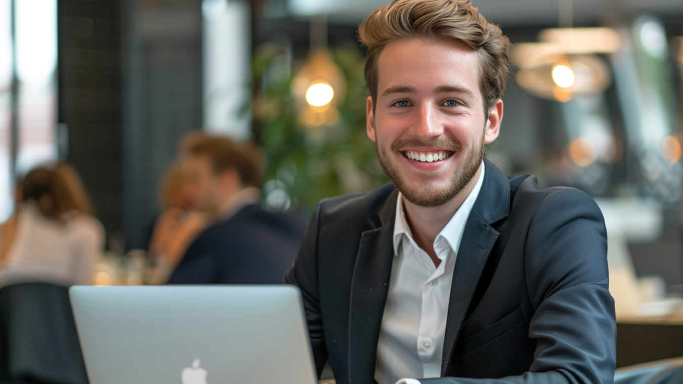 Een man die glimlacht terwijl hij een laptop gebruikt