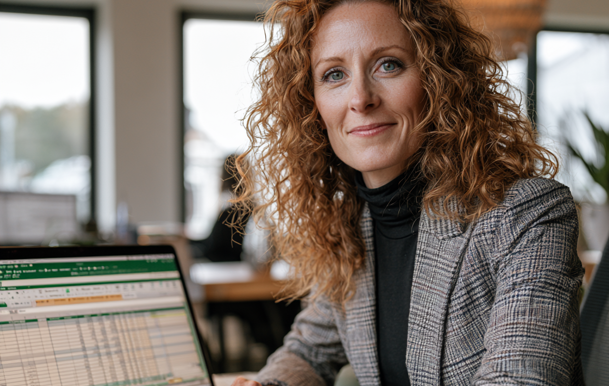 Een vrouw die aan een tafel zit met een laptop en een kop koffie
