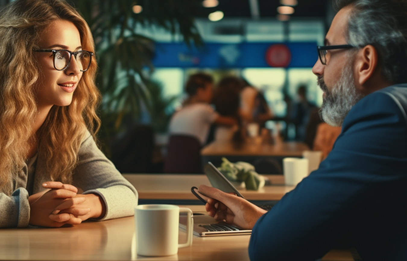 Een man en vrouw zitten aan een tafel